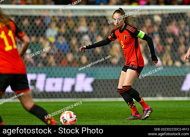 Tessa Wullaert (9) of Belgium pictured during a friendly women soccer game between the national female soccer teams of England , called the Lionesses