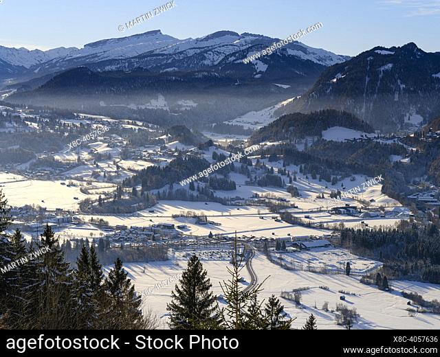 Valley of river Iller towards Mt. Hoher Ifen the Gottesackerplateau. The Allgaeu Alps (Allgaeuer Alpen) near Oberstdorf during winter in Bavaria