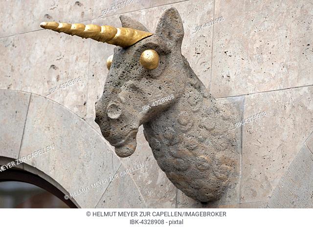 Unicorn sculpture on wall, Bamberg, Upper Franconia, Bavaria, Germany