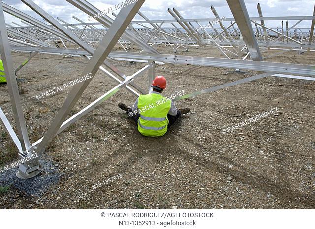 Construction of solar panels for production of renewable electrical energy in the site of 'Puits Castan' old mine, Villaniere Aude Languedoc-Roussillon France