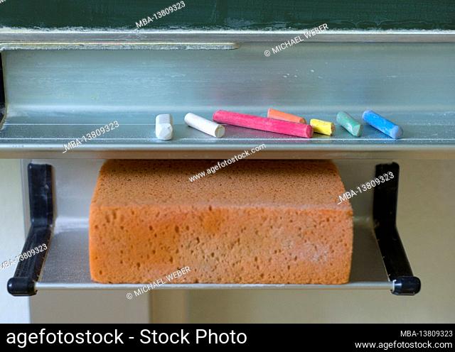 Chalk and sponge, blackboard, classroom, Stuttgart, Baden-Wuerttemberg, Germany