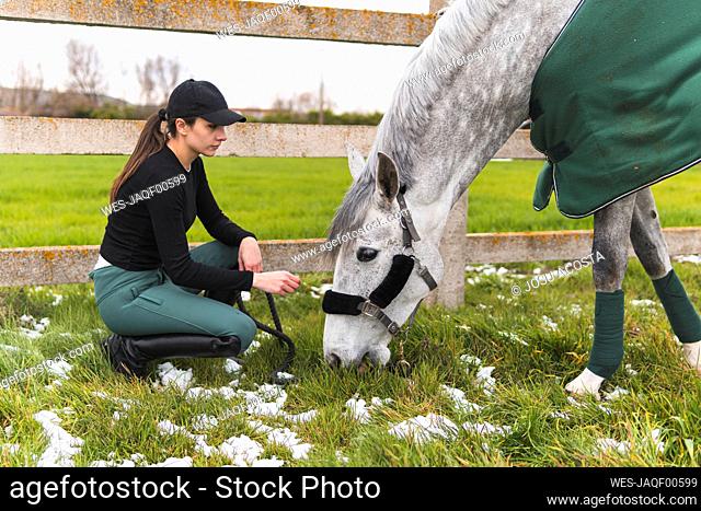 Woman crouching near horse eating grass by fence