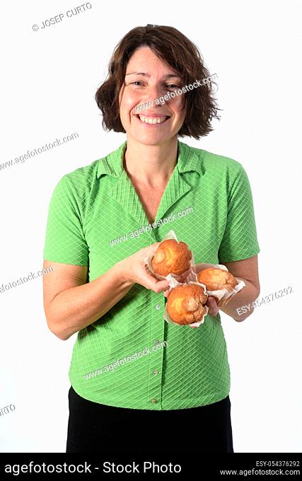 woman with a muffin on white background