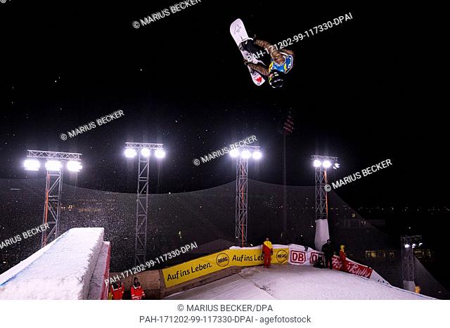 10th-placed Clemens Millauer (Austria) in action at the Big Air men's final of the Snowboard World Cup at the SparkassenPark in Moenchengladbach, Germany