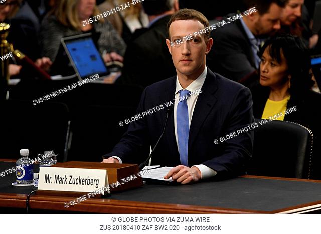 April 10, 2018 - Washington, District of Columbia, U.S. - 4/3/18- The White House- Washington DC..Facebook Chief Executive Mark Zuckerberg testifies on  before...