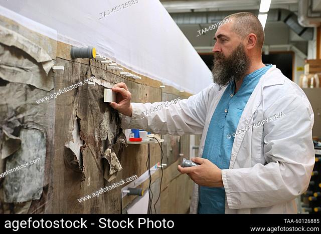 RUSSIA, MOSCOW - JUNE 28, 2023: The State Tretyakov Gallery starts restoring the Polovtsian Camp stage design by Nicholas Roerich (1874-1947) for the Polovtsian...