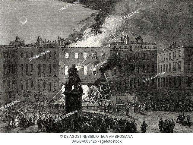 Fire at Saville House, London, United Kingdom, illustration from the magazine The Illustrated London News, volume XLVI, March 11, 1865