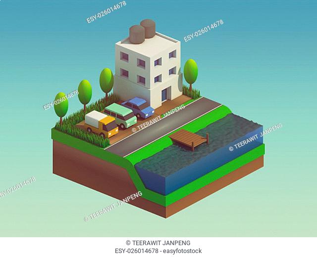 isometric city buildings, landscape, Road and river, isometric city background