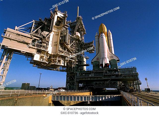 08/18/1997 -- Atop the crawler/transporter, the Space Shuttle orbiter Atlantis rolls out to Launch Complex 39A in preparation for mission STS-86