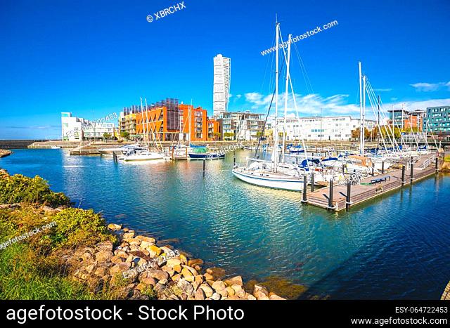 City of Malmo waterfront skyline architecture view, Scania province of Sweden