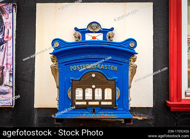 TANGERMUENDE, GERMANY - APRIL 24, 2021: Beautiful antique letterbox. The historic town of Tangermuende. Saxony-Anhalt state