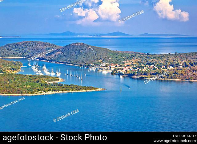 Island of Ilovik yachting bay aerial view, Kvarner archipelago of Croatia