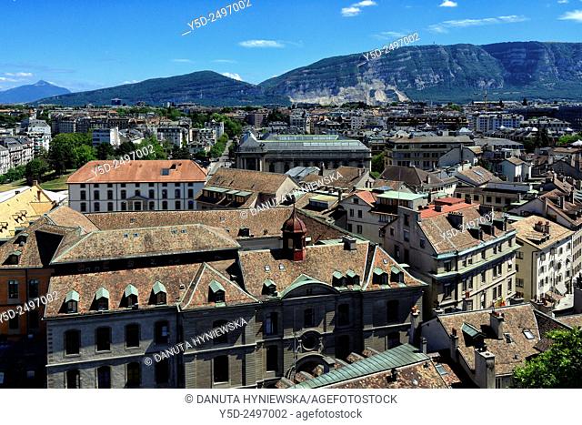 Europe, Switzerland, Geneva, panoramic view for old town, Mont Salève - Salève mountain in the background