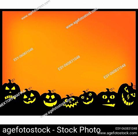 Halloween background. Orange spooky holiday backdrop with scary pumpkins. Vector illustration with copy space. Best for seasonal poster or party invitation