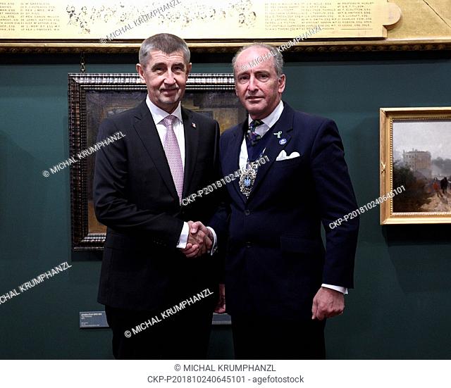 Czech Prime Minister Andrej Babis, left, has lunch with London City Mayor Charles Bowman in Guildhall, London, as he visits Britain on Wednesday, October 24