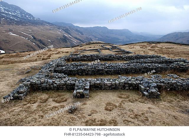 Remains of isolated Roman fort in upland, Hardknott Roman Fort (Mediobodgdum), Hardknott Pass, Eskdale Valley, Lake District N.P