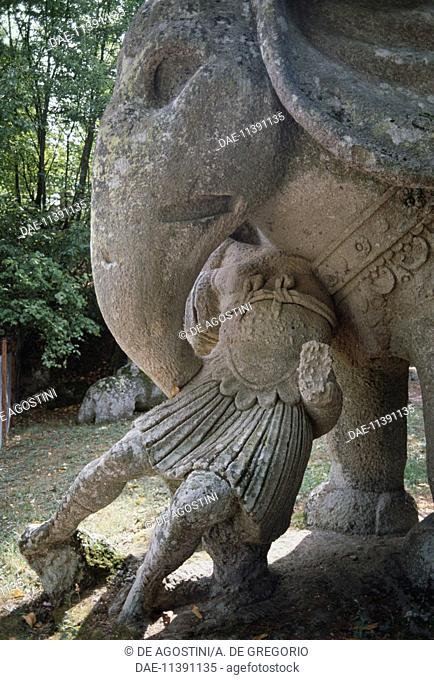 The Elephant, detail, sculpture, Park of Monsters, also known as Sacred Wood, architect Pirro Ligorio, Bomarzo, Lazio. Italy, 16th century