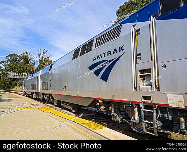 AMTRAK train locomotive in station at San Louis Obispo, California
