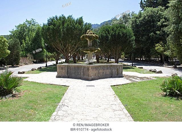 Fountain on the courtyard of the Santuario de lluc Monastery, county of Escorca in the basin of the Serra Tramuntana Mountains on Mallorca, Balearic Islands