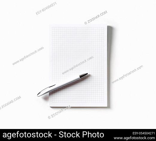 Blank copybook and pen on paper background. Copy space for text. Flat lay