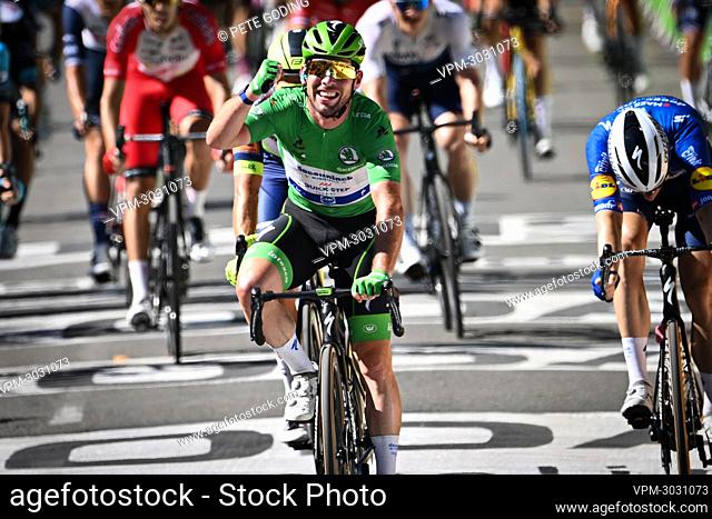British Mark Cavendish of Deceuninck - Quick-Step celebrates as he crosses the finish line to win stage 13 of the 108th edition of the Tour de France cycling...