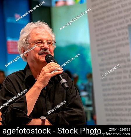 FRANKFURT AM MAIN, Germany - October 19 2019: Paul Maar (*1937, German writer - Das Sams) talking on stage at 71st Frankfurt Book Fair / Buchmesse Frankfurt