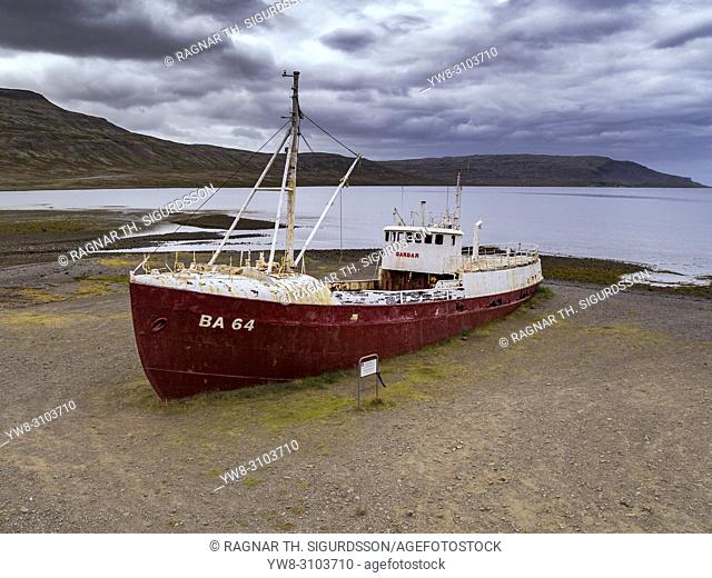 Stranded Fishing Trawler, Patreksfjordur, West Fjords, Iceland. This image is shot using a drone