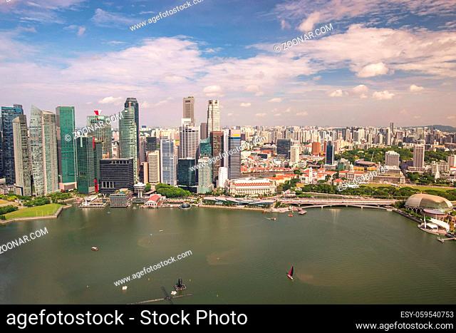 Singapore city skyline, high angle view at Marina Bay business district