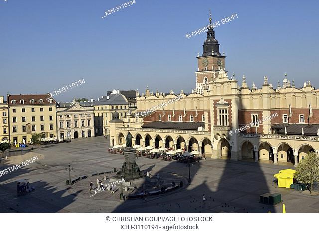 Adam Mickiewicz Monument, the Cloth Hall (Sukiennice) and Town Hall Tower on Rynek Glowny, the main square of the Old Town of Krakow