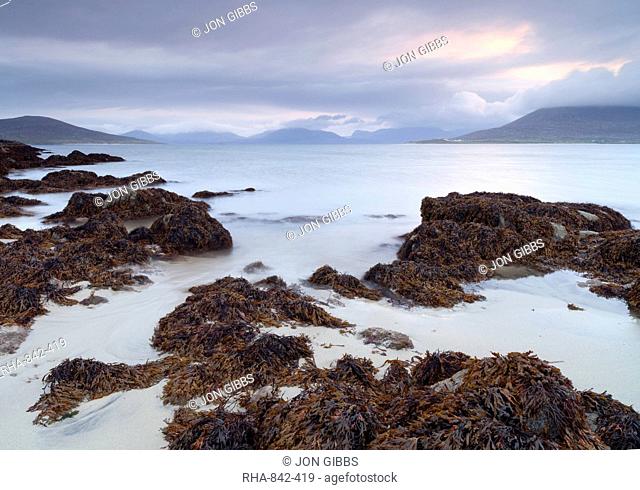 A beautiful morning looking across the Sound of Taransay from Horgabost, Isle of Harris, Outer Hebrides, Scotland, United Kingdom, Europe