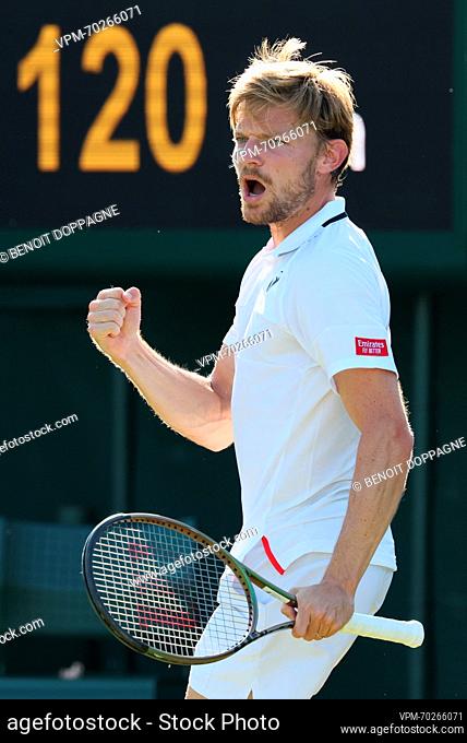 Belgian David Goffin pumps his fist during a tennis match between Belgian Goffin and Russian Rublev, in round three of the men's singles at the 2023 Wimbledon...