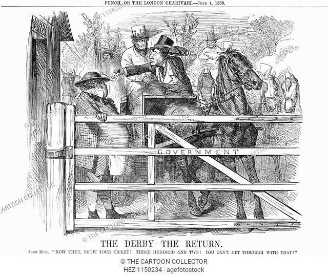 'The Derby - The Return', 1859. In the General Election of 1859 that followed the defeat of Disraeli's Reform Bill, the Conservatives made gains of some 30...