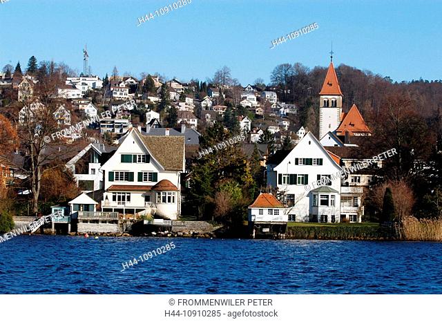 Blue sky, Zurich lake, lake, church, real estates, houses, homes, Gold Coast, lake, Zollikon, Switzerland, canton Zurich