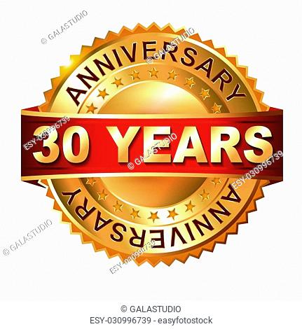 30 years anniversary golden label with ribbon. Vector eps 10 illustration