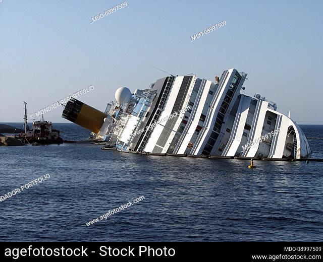The sinking of the cruise ship ""Costa Concordia"" in front of the island of Giglio. Isola del Giglio (Italy), 10 July 2012