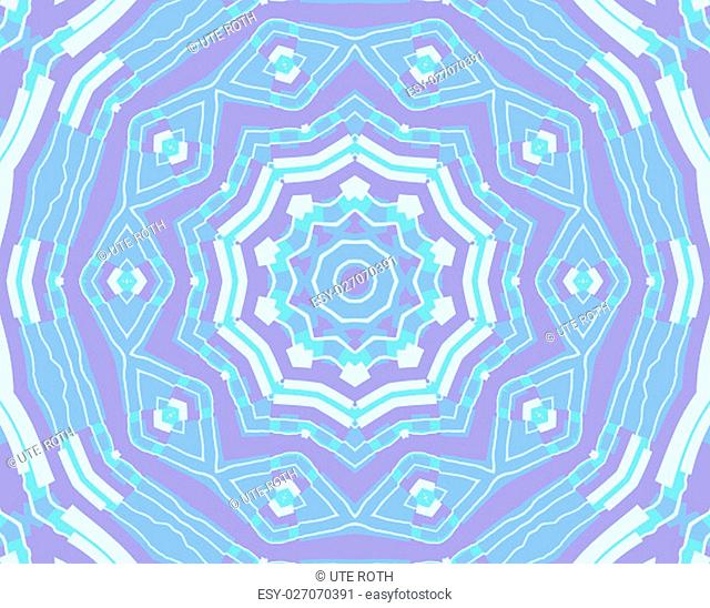 Abstract geometric seamless background. Regular round ornament with various elements in white, aquamarine, turquoise, purple and light blue shades