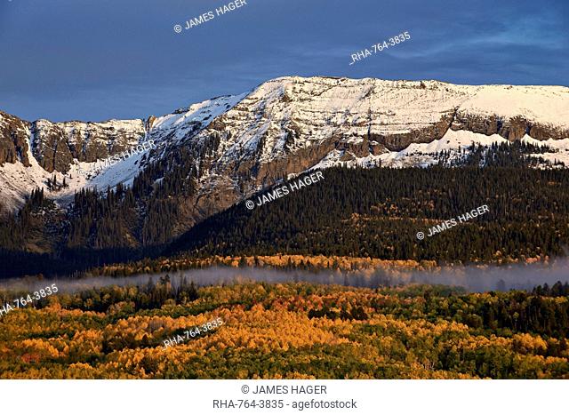 Snow-covered mountain in the Sneffels Range in the fall, Uncompahgre National Forest, Colorado, United States of America, North America