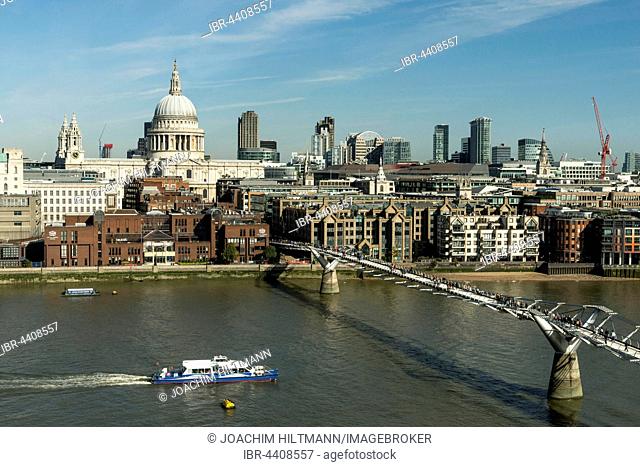 London skyline with St Paul's Cathedral and Millennium Bridge over the River Thames, London, England, United Kingdom