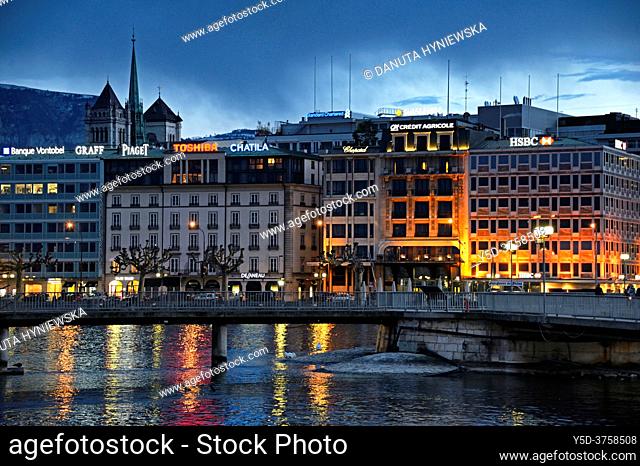 Night view of Geneva center and a Rhone river, Geneva, Switzerland