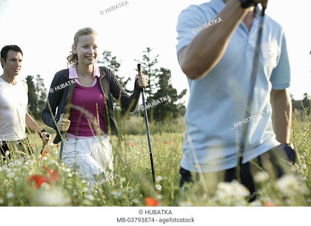 Nordic Walking-Kurs, meadow, teachers,  couple, movement,  Series, vacation, animation, host, Nordic Walking, activity, fitness, sport, athletically, training