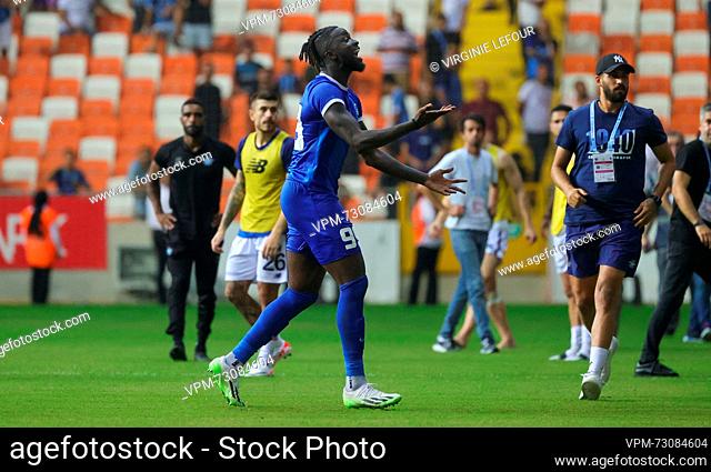 Genk's Tolu Toluwalase Arokodare celebrates after he scored the fifth shootouts to win the game at a soccer game between Turkish Adana Demirspor and Belgian KRC...