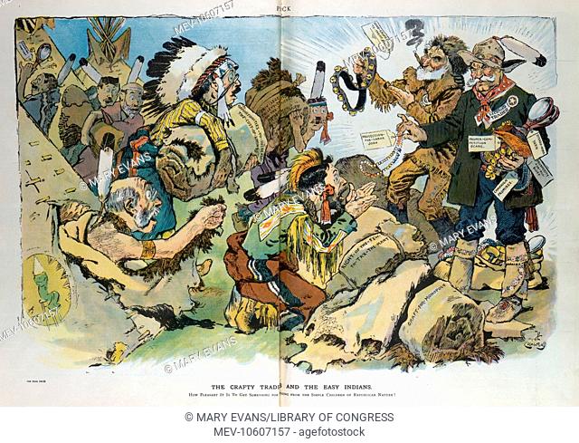 The crafty traders and the easy Indians. Illustration shows Joseph G. Cannon and Nelson W. Aldrich dressed as a frontiersman labeled Licensed Trader offering...