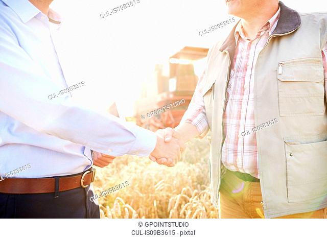 Cropped view of farmer and businessman in wheat field shaking hands