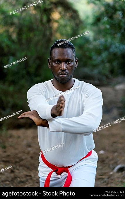 Adult man practicing martial arts in forest