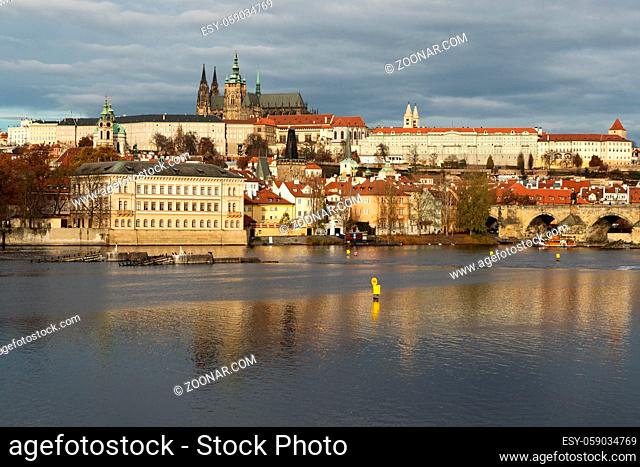 Prague Castle and St.Vitus Cathedral , reflections on the Vitava river in Prague