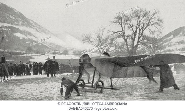 Juan Bielovucic taking of in a Hanriot monoplane from Briga to Domodossola, Switzerland, photograph by Argus, from L'Illustrazione Italiana, Year XL, No 5