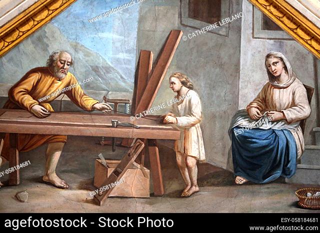 Jesus Christ carpenter. Painting. Saint Jacques collegiate church. Sallanches. Haute-Savoie. Auvergne Rhône-Alpes. France. Europe