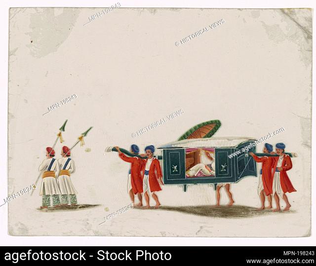 Black palanquin with male passenger, four bearers in red coats following two attendants with spears. Indian coloured drawings: a collection of 177 original...