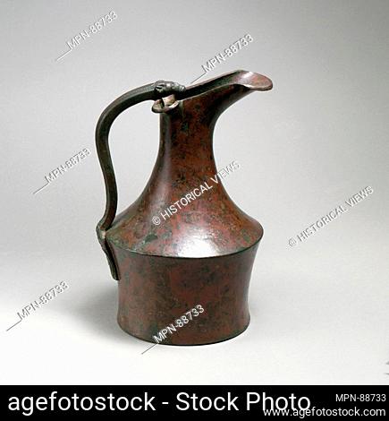 Bronze oinochoe (jug) and handle attachment. Period: Late Classical; Date: ca. 425-400 B.C; Culture: Etruscan; Medium: Bronze; Dimensions: H