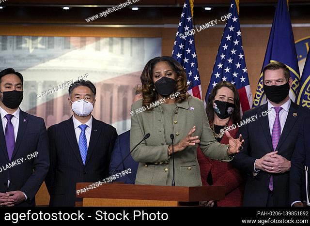 Impeachment manager United States Delegate Stacey Plaskett (Democrat of the Virgin Islands) is joined by her fellow impeachment managers as she offers remarks...